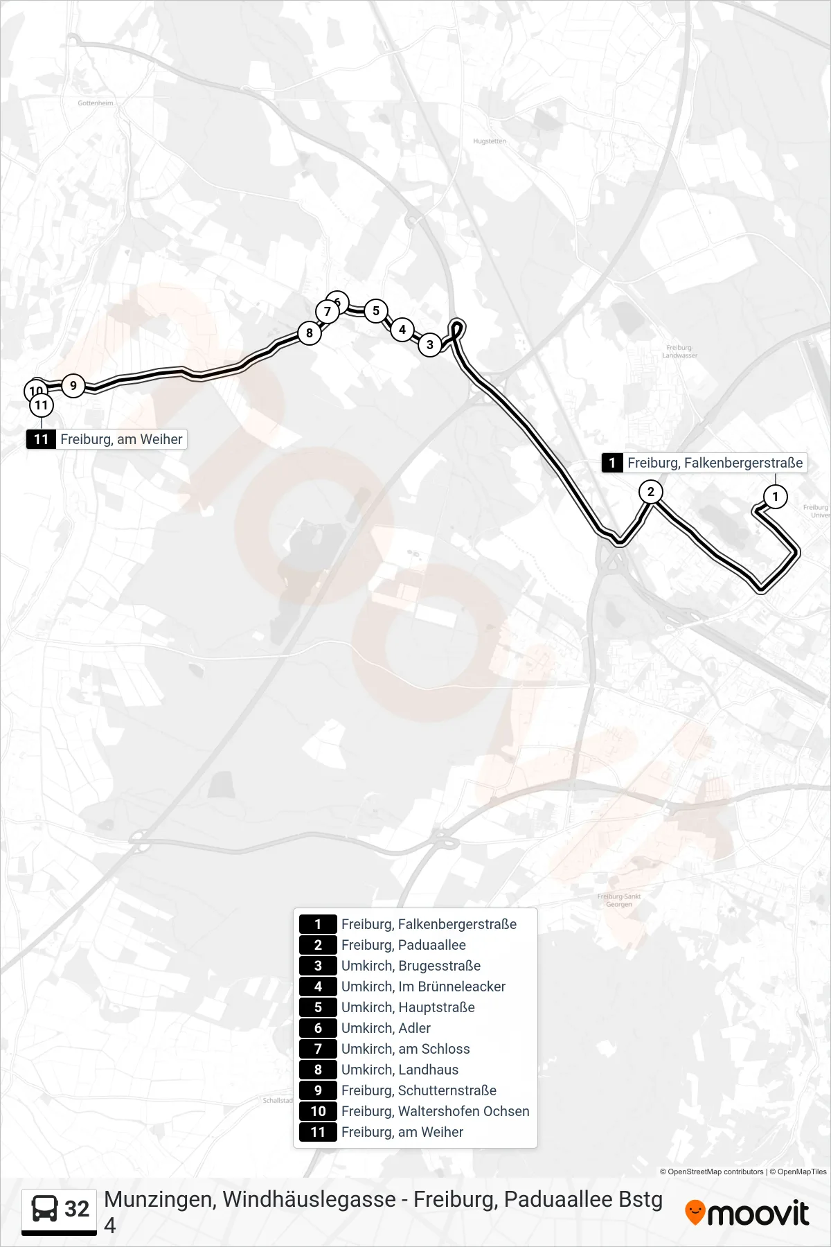 32 bus Line (Freiburg, am Weiher) route and stops on a map