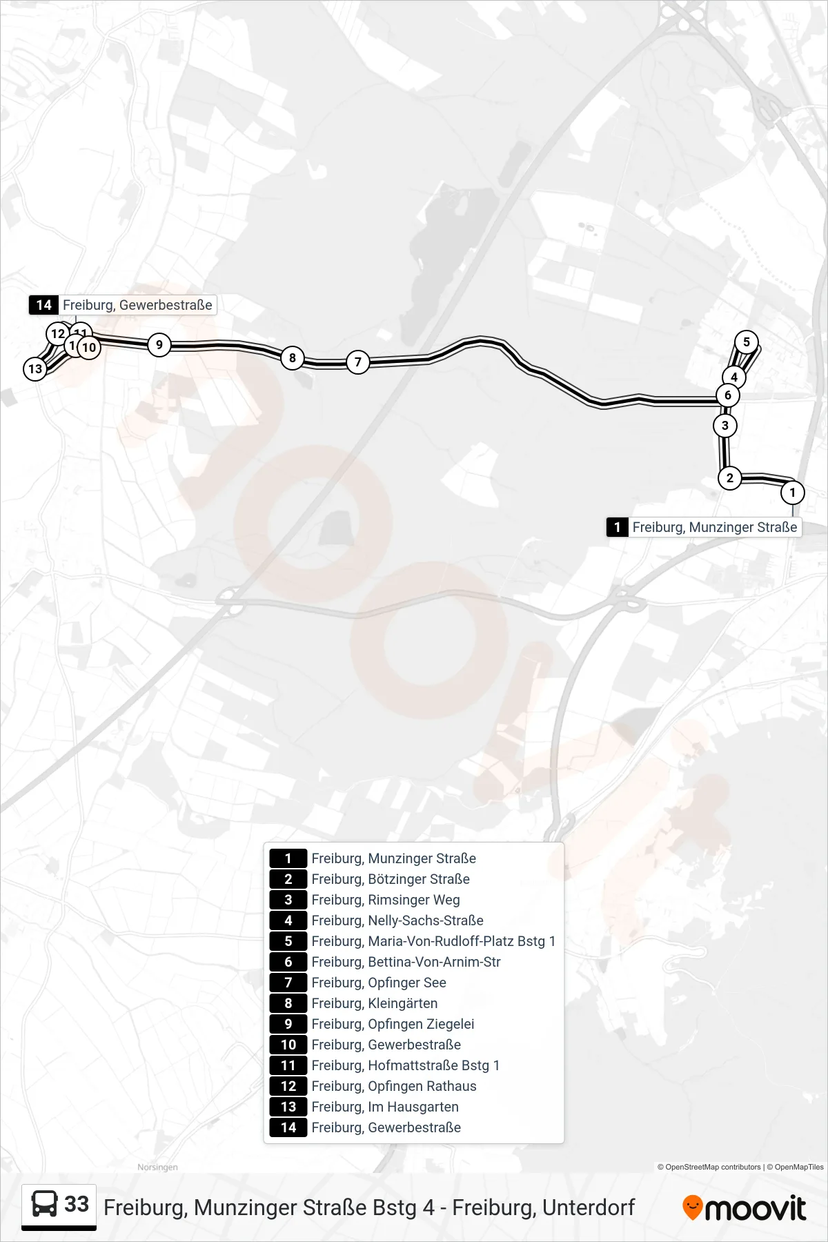 33 bus Line (Freiburg, Gewerbestraße) route and stops on a map