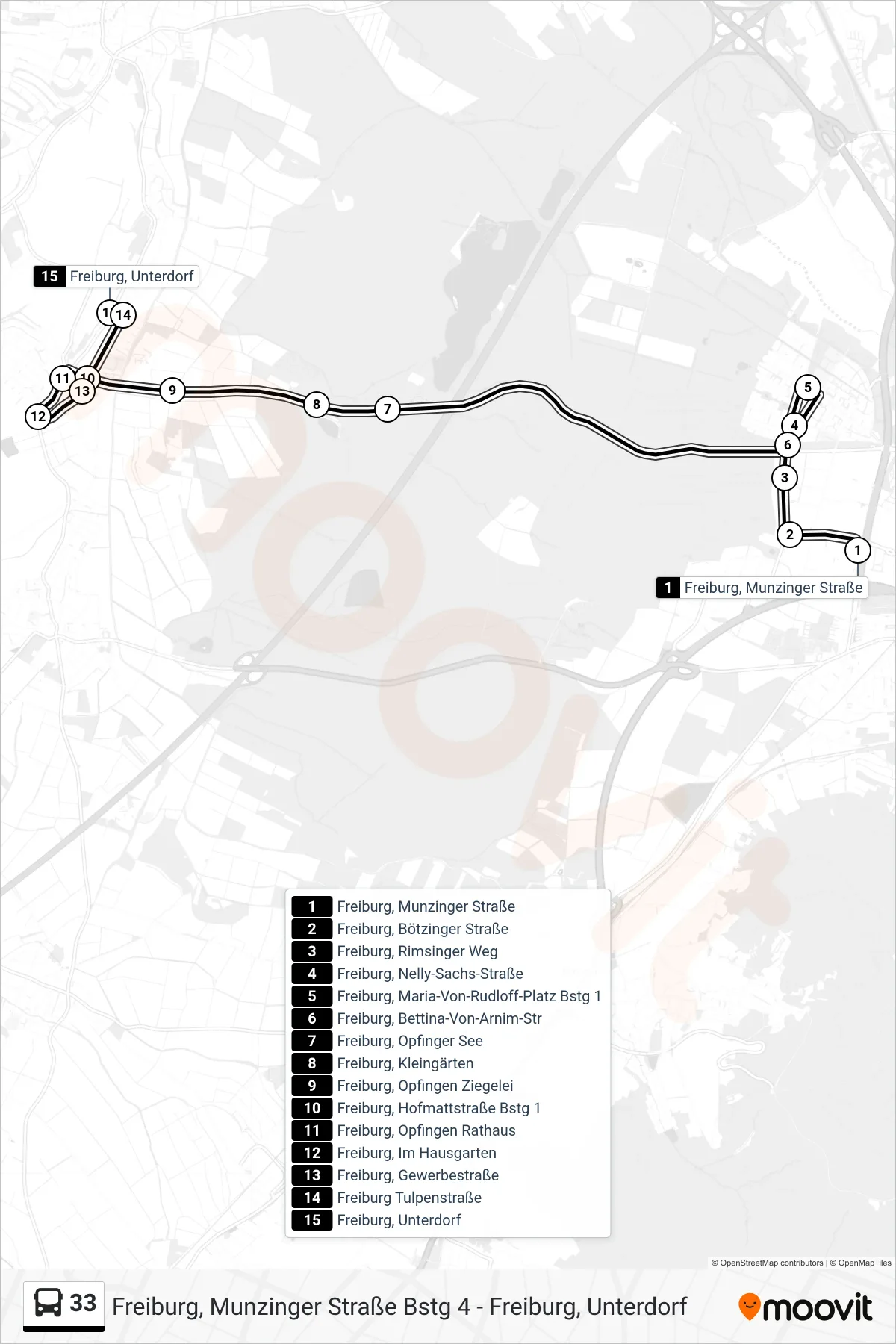 33 bus Line (Freiburg, Unterdorf) route and stops on a map