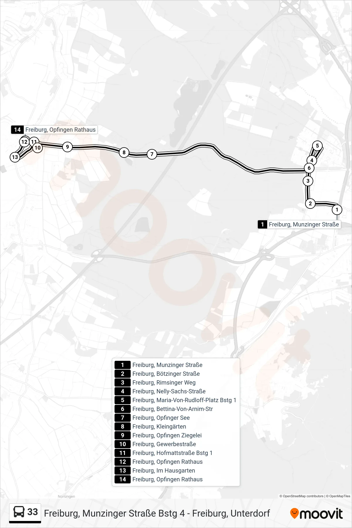Linie 33 (Bus) Richtung Freiburg, Opfingen Rathaus: Route und Haltestellen auf der Karte