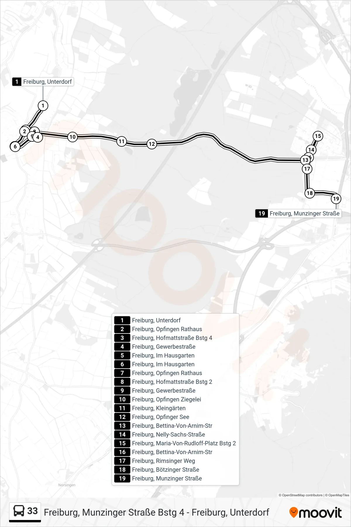 33 bus Line (Freiburg, Munzinger Straße) route and stops on a map