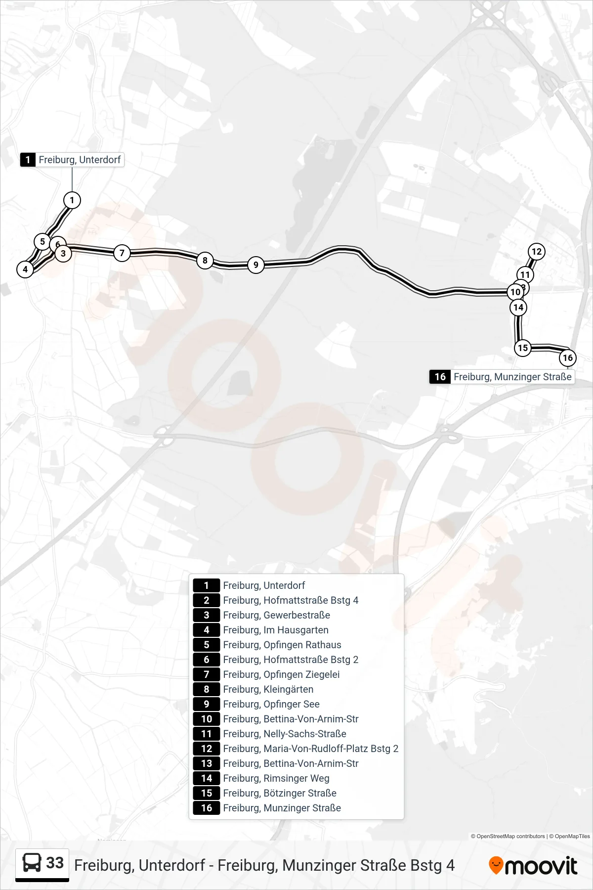 Linie 33 (Bus) Richtung Freiburg, Munzinger Straße: Route und Haltestellen auf der Karte
