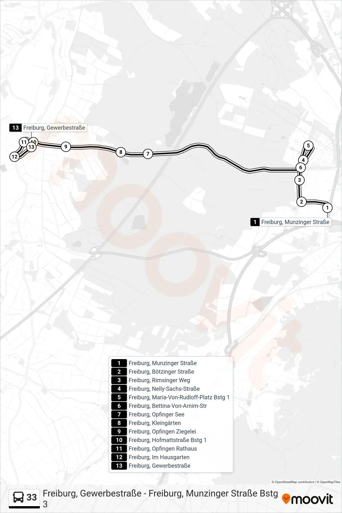 33 bus Line (Freiburg, Gewerbestraße) route and stops on a map