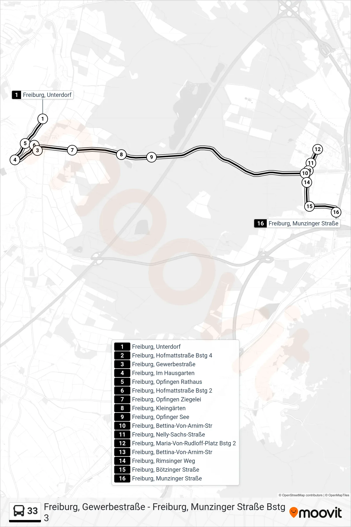 33 bus Line (Freiburg, Munzinger Straße) route and stops on a map