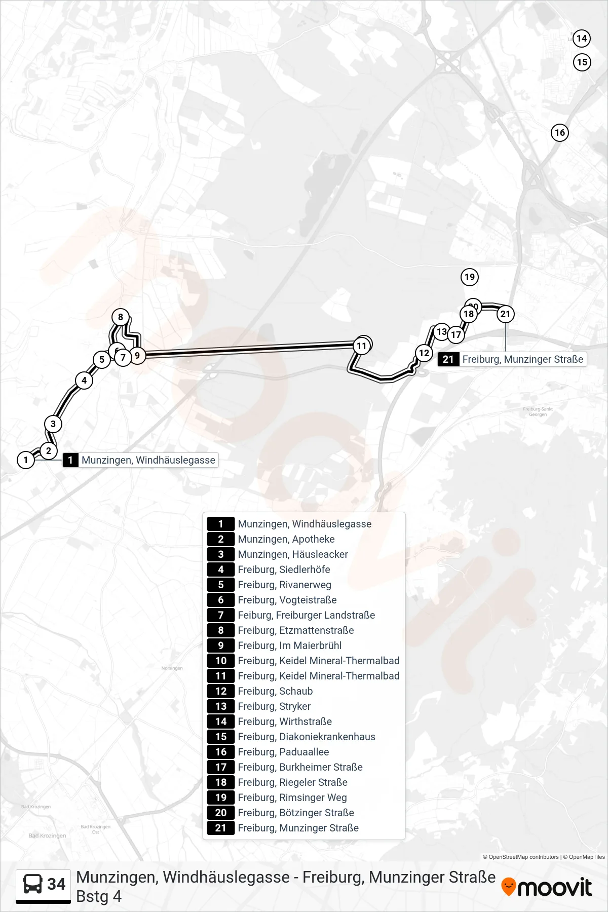 34 bus Line (Freiburg, Munzinger Straße) route and stops on a map