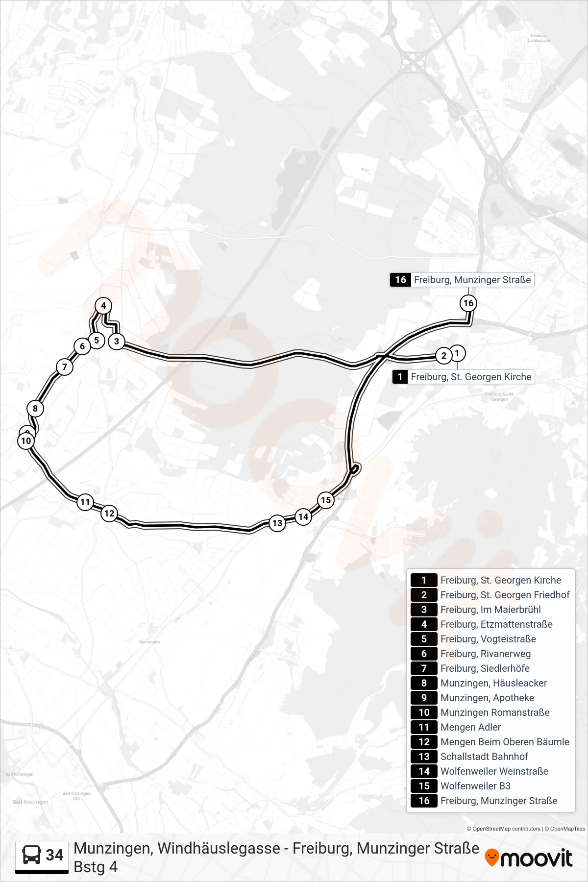 34 bus Line (Freiburg, Munzinger Straße) route and stops on a map