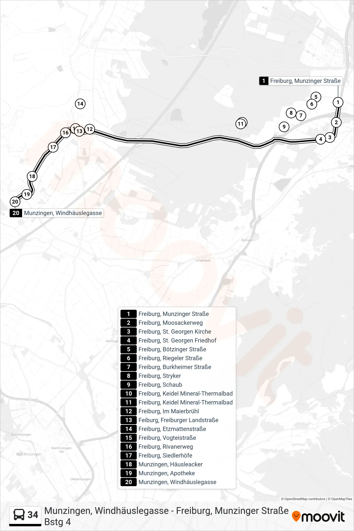 34 bus Line (Munzingen, Windhäuslegasse) route and stops on a map