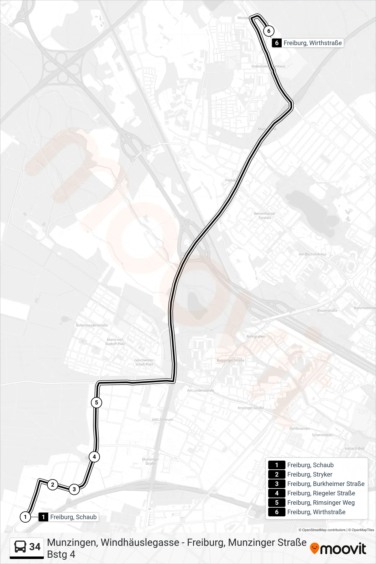 34 bus Line (Freiburg, Wirthstraße) route and stops on a map