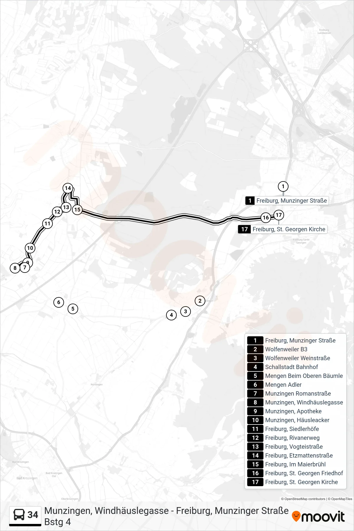 34 bus Line (Freiburg, St. Georgen Kirche) route and stops on a map
