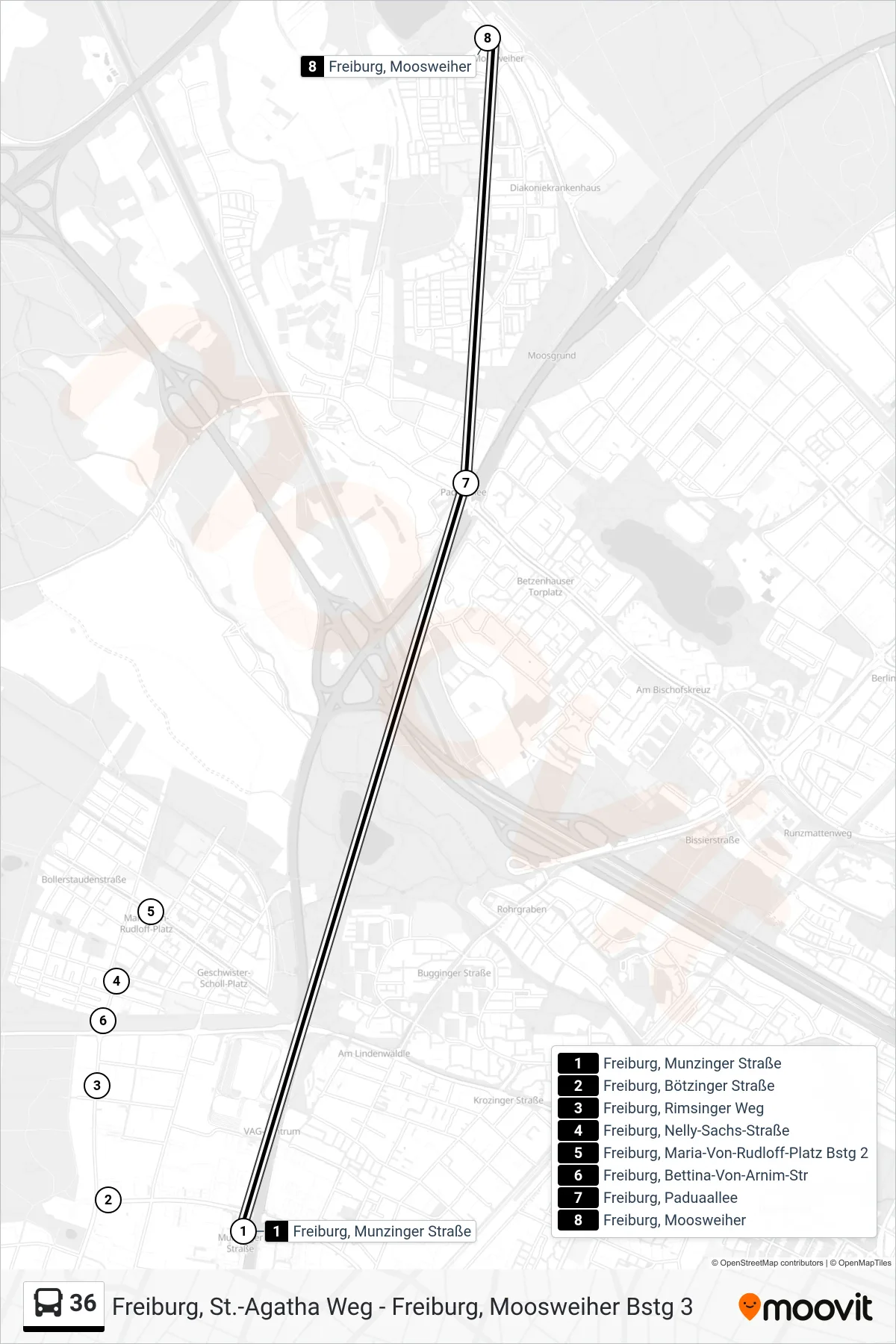 36 bus Line (Freiburg, Moosweiher) route and stops on a map