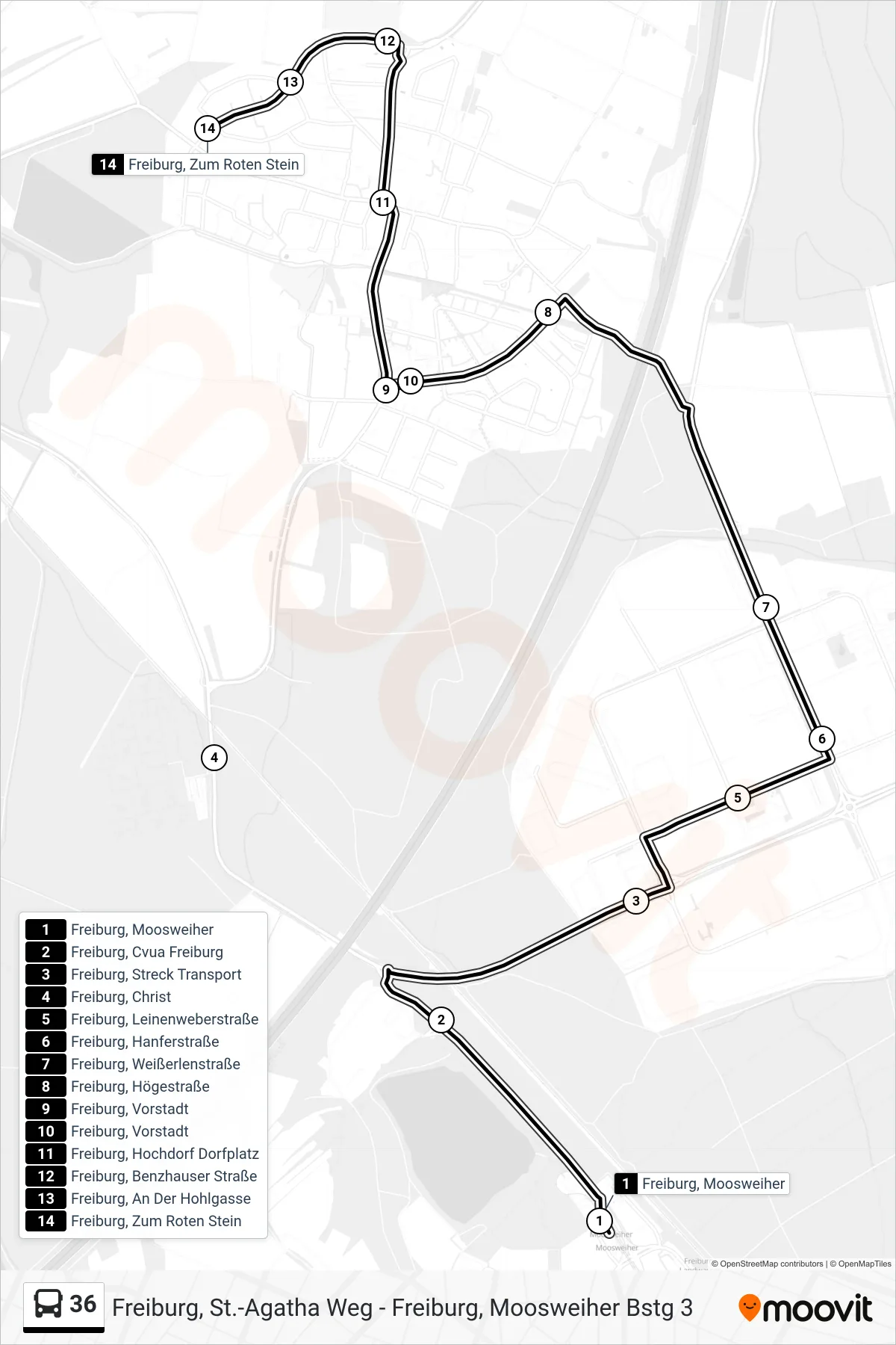 36 bus Line (Freiburg, Zum Roten Stein) route and stops on a map