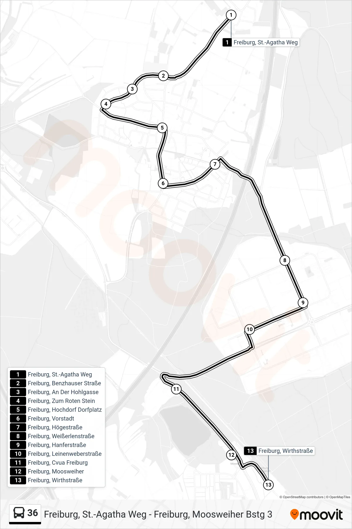 36 bus Line (Freiburg, Wirthstraße) route and stops on a map