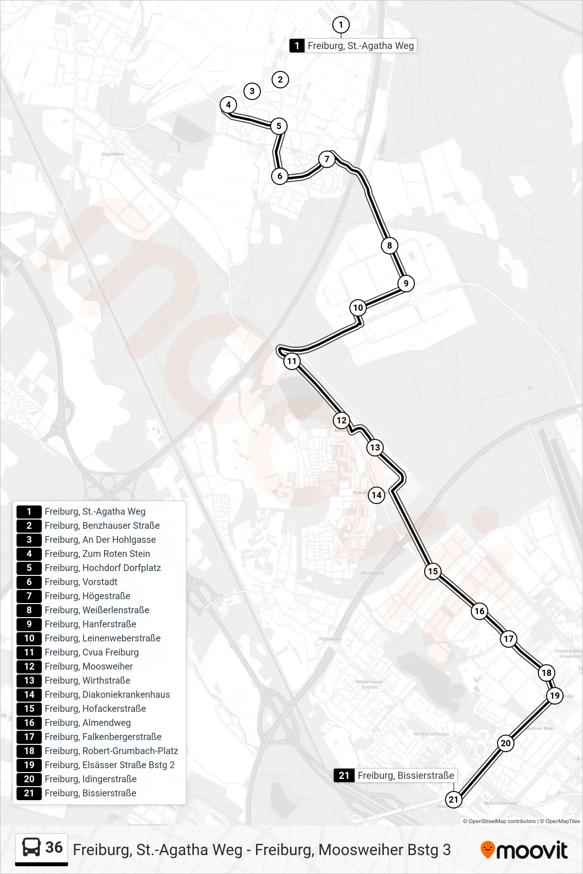 36 bus Line (Freiburg, Bissierstraße) route and stops on a map