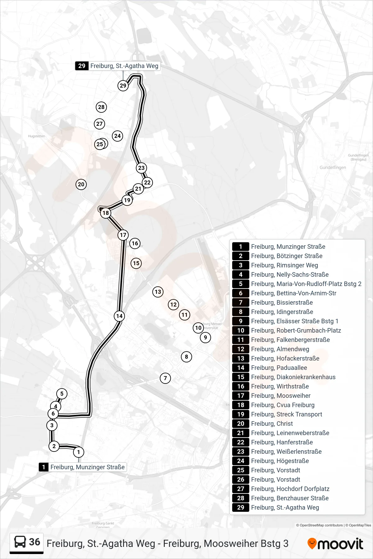 Linie 36 (Bus) Richtung Freiburg, St.-Agatha Weg: Route und Haltestellen auf der Karte