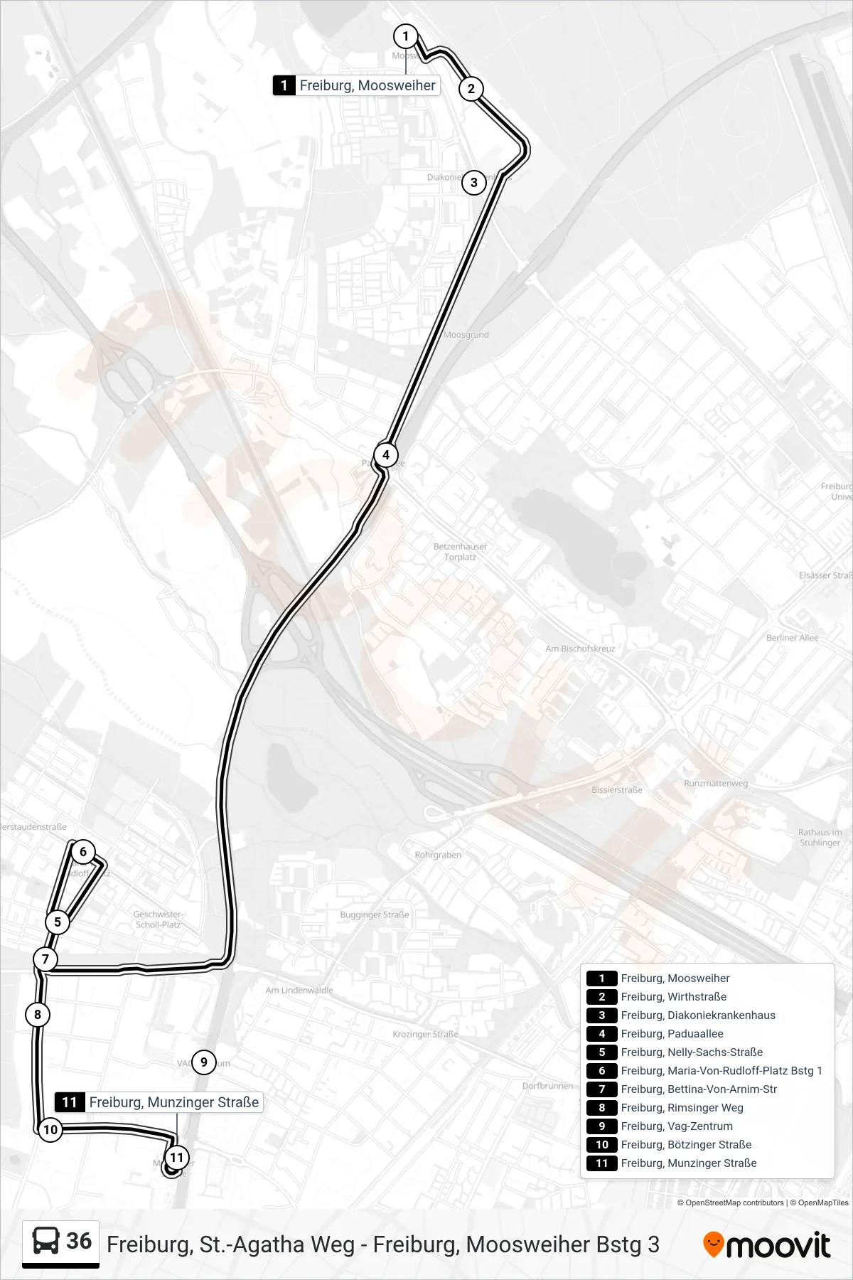 Linie 36 (Bus) Richtung Freiburg, Munzinger Straße: Route und Haltestellen auf der Karte
