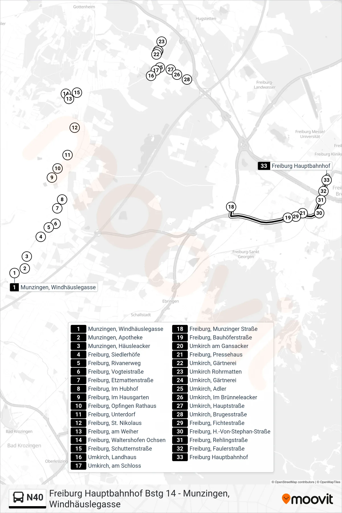 Linie N40 (Bus) Richtung Freiburg Hauptbahnhof: Route und Haltestellen auf der Karte