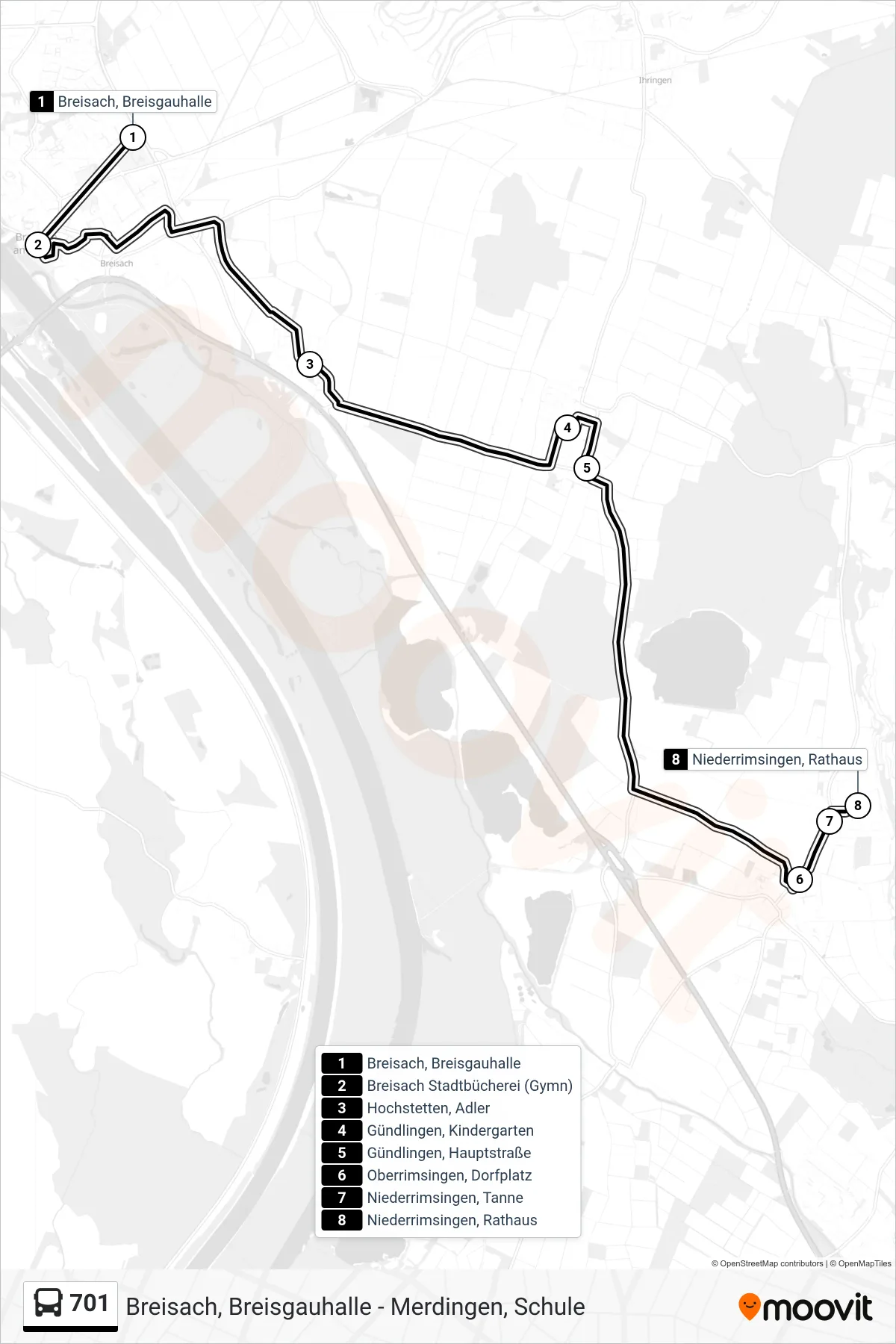701 bus Line (Niederrimsingen, Rathaus) route and stops on a map