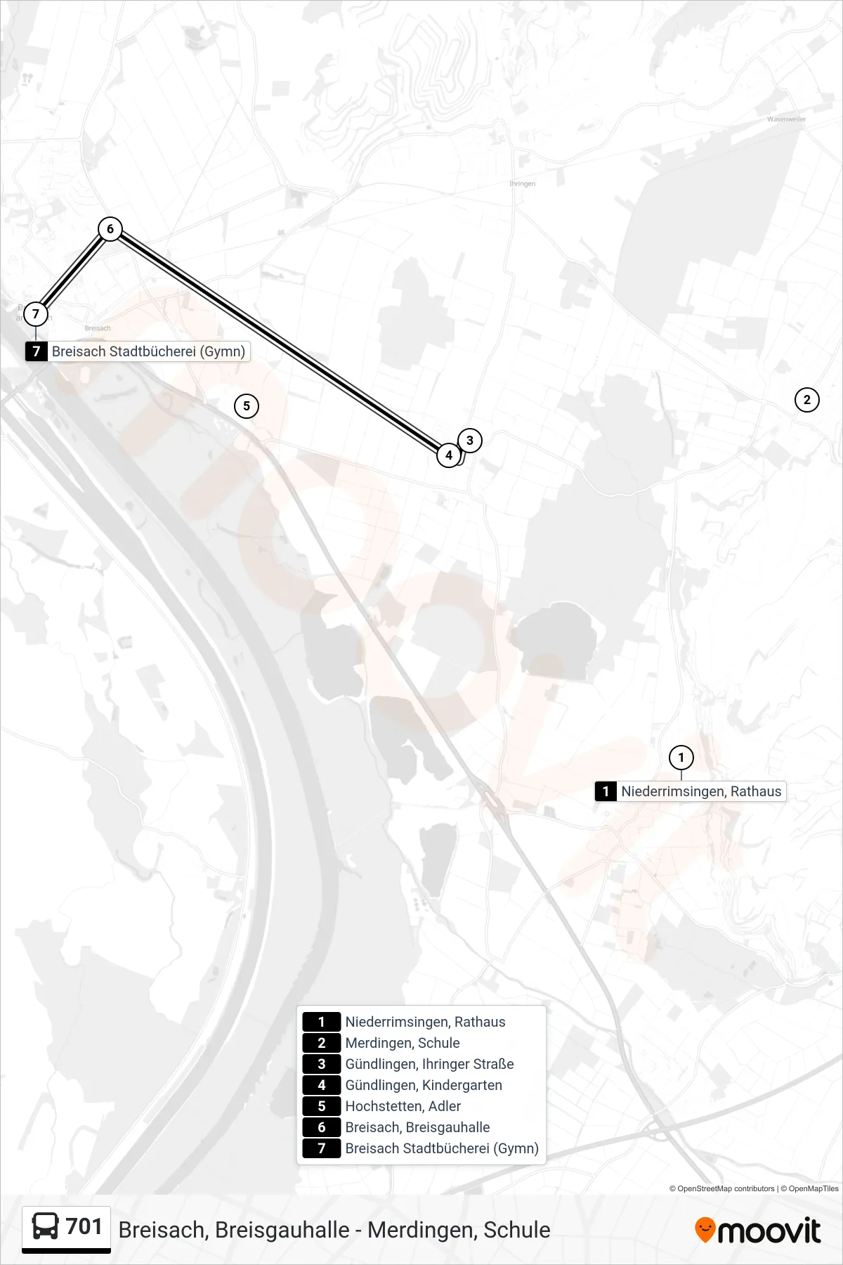 701 bus Line (Breisach Stadtbücherei (Gymn)) route and stops on a map