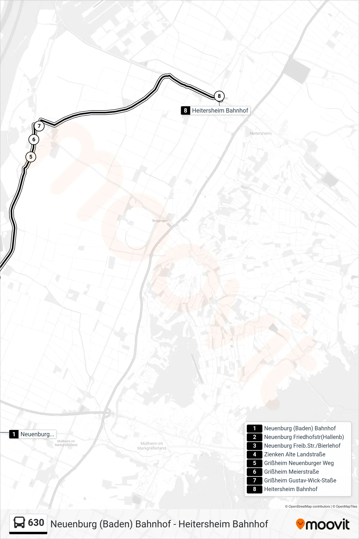 Linie 630 (Tram) Richtung Heitersheim Bahnhof: Route und Haltestellen auf der Karte