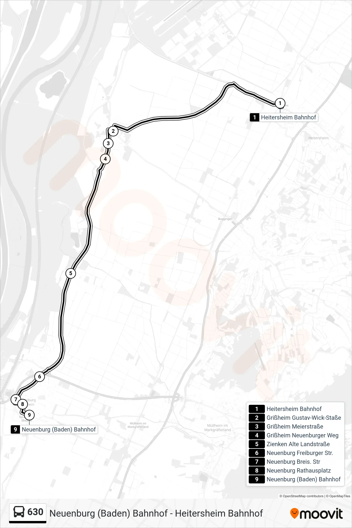 630 tram Line (Neuenburg (Baden) Bahnhof) route and stops on a map