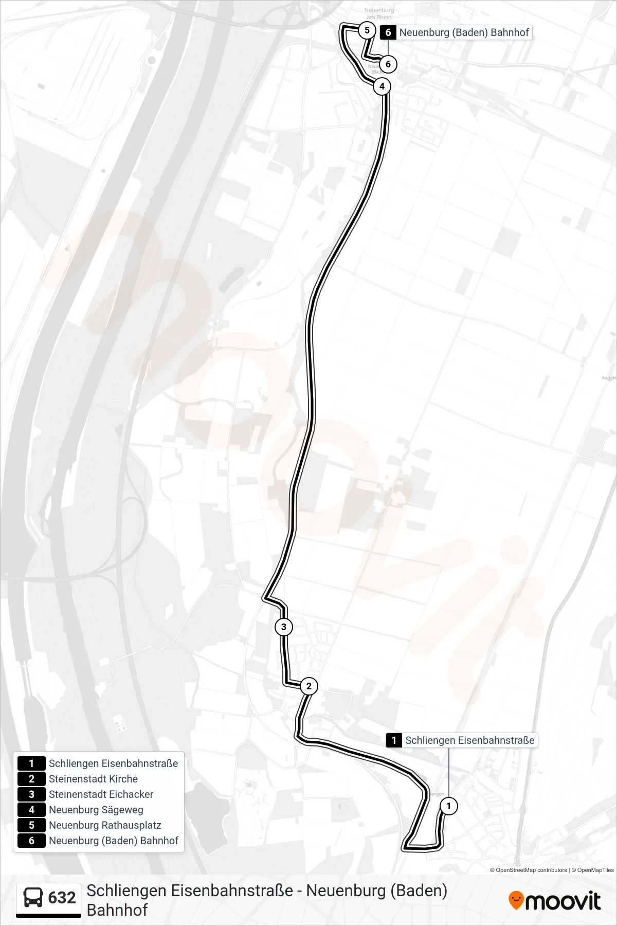 632 tram Line (Neuenburg (Baden) Bahnhof) route and stops on a map