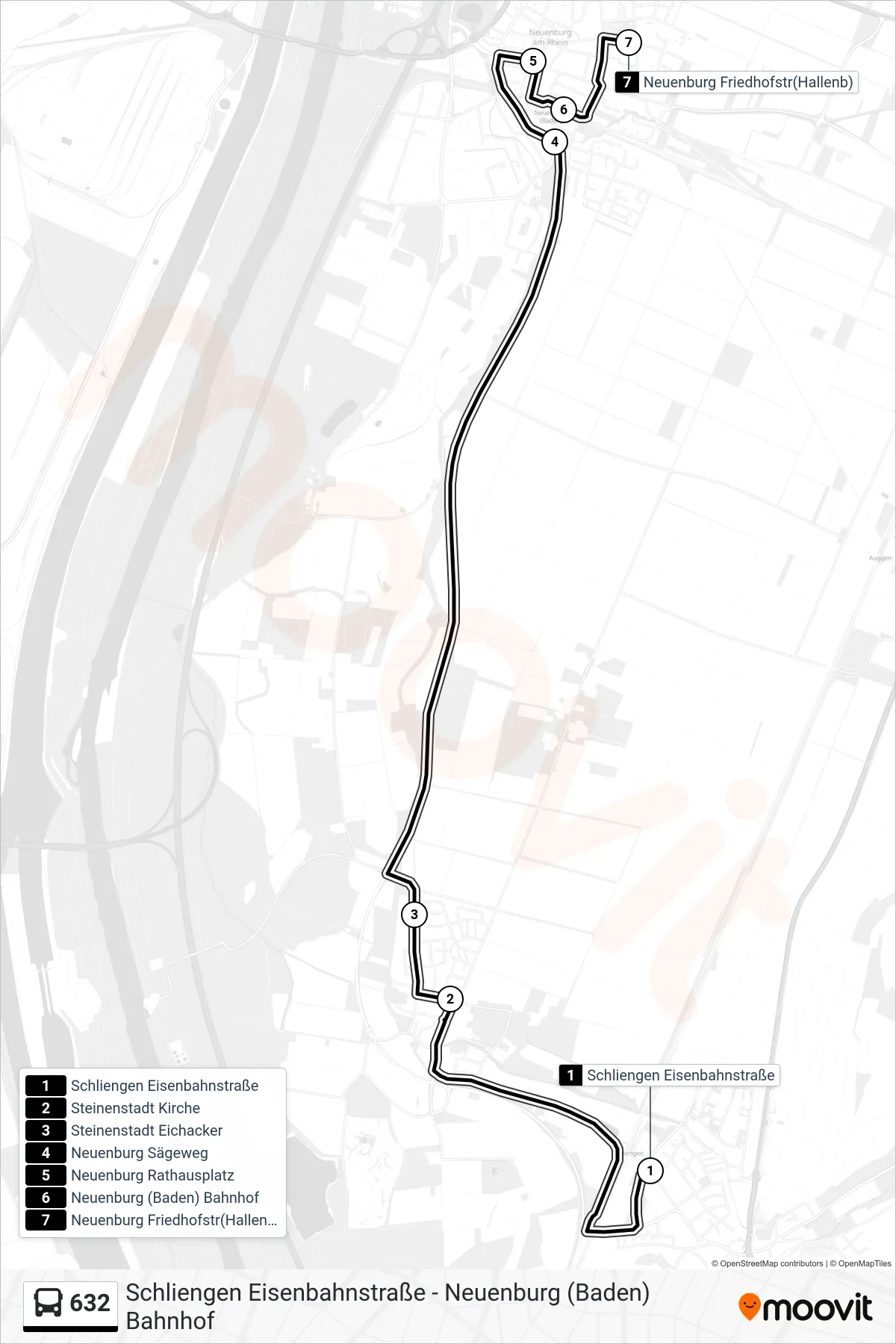 632 tram Line (Neuenburg Friedhofstr(Hallenb)) route and stops on a map