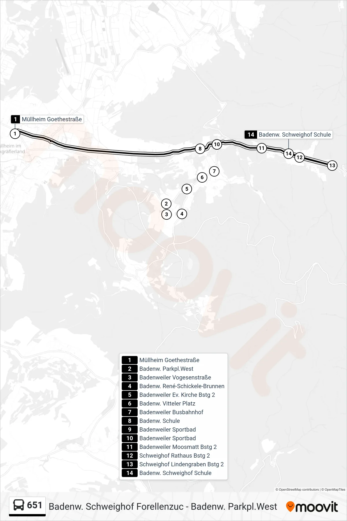 651 tram Line (Badenw. Schweighof Forellenzuc) route and stops on a map