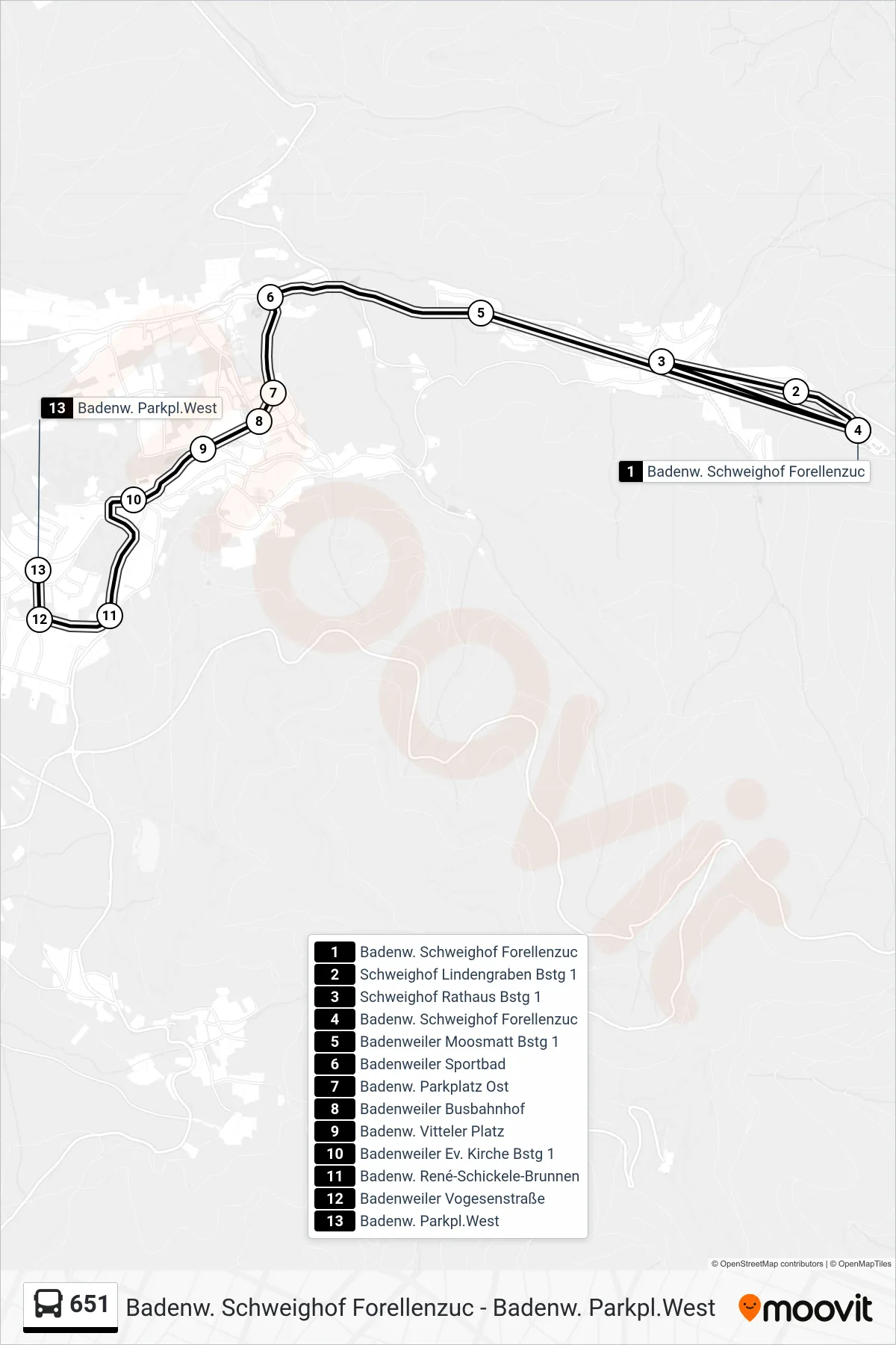 651 tram Line (Badenw. Parkpl.West) route and stops on a map