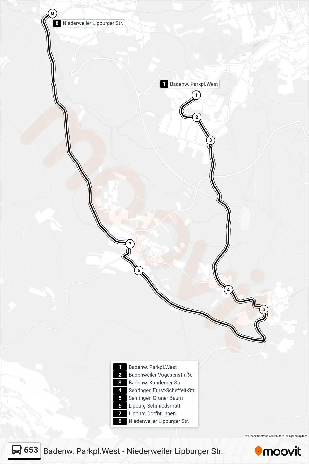 Linie 653 (Tram) Richtung Niederweiler Lipburger Str.: Route und Haltestellen auf der Karte