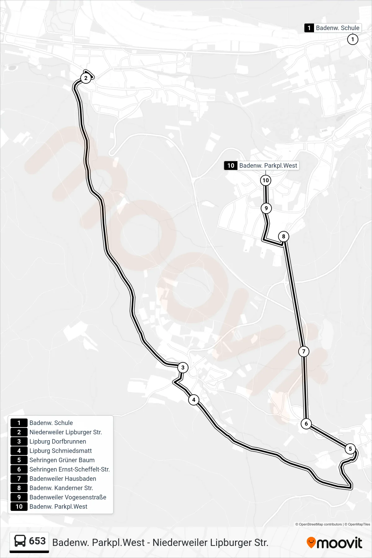 653 tram Line (Badenw. Parkpl.West) route and stops on a map
