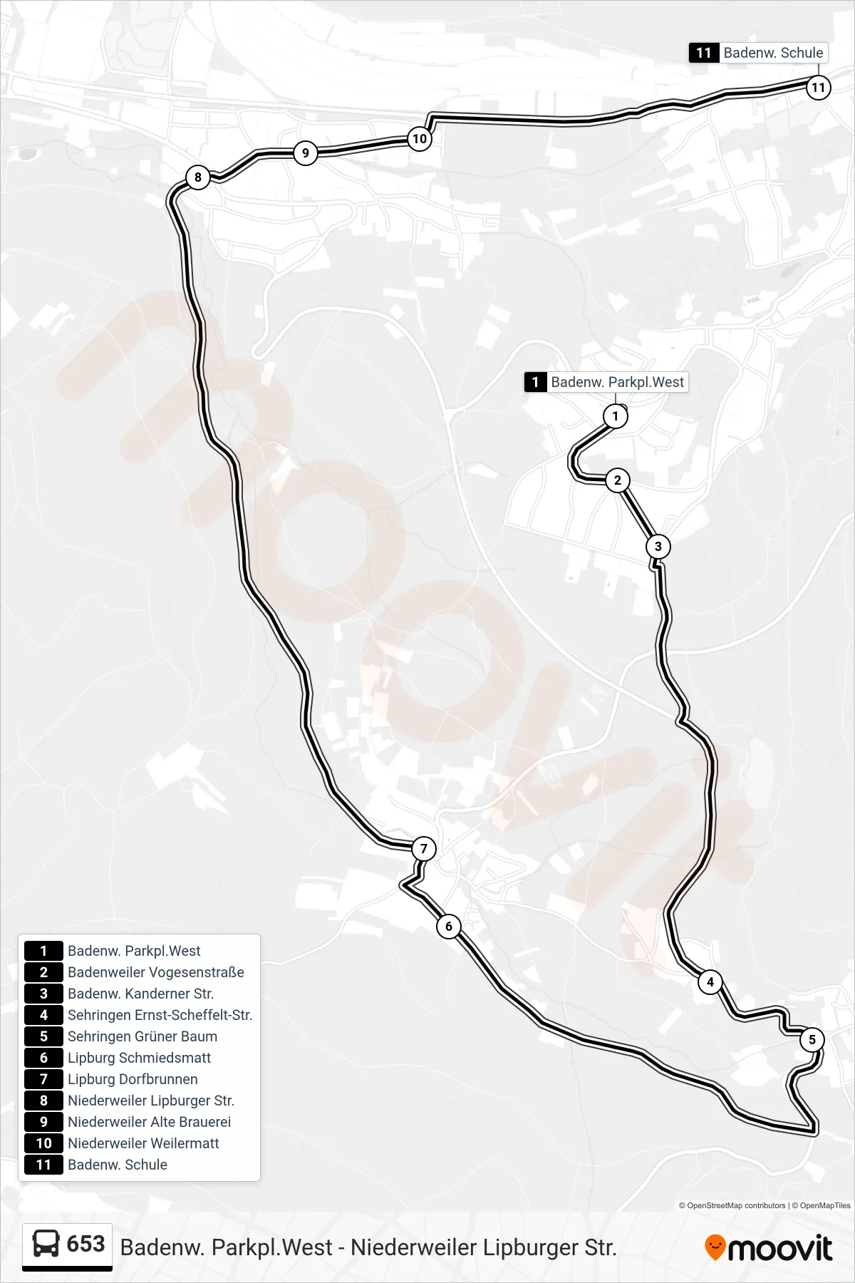 653 tram Line (Badenw. Schule) route and stops on a map