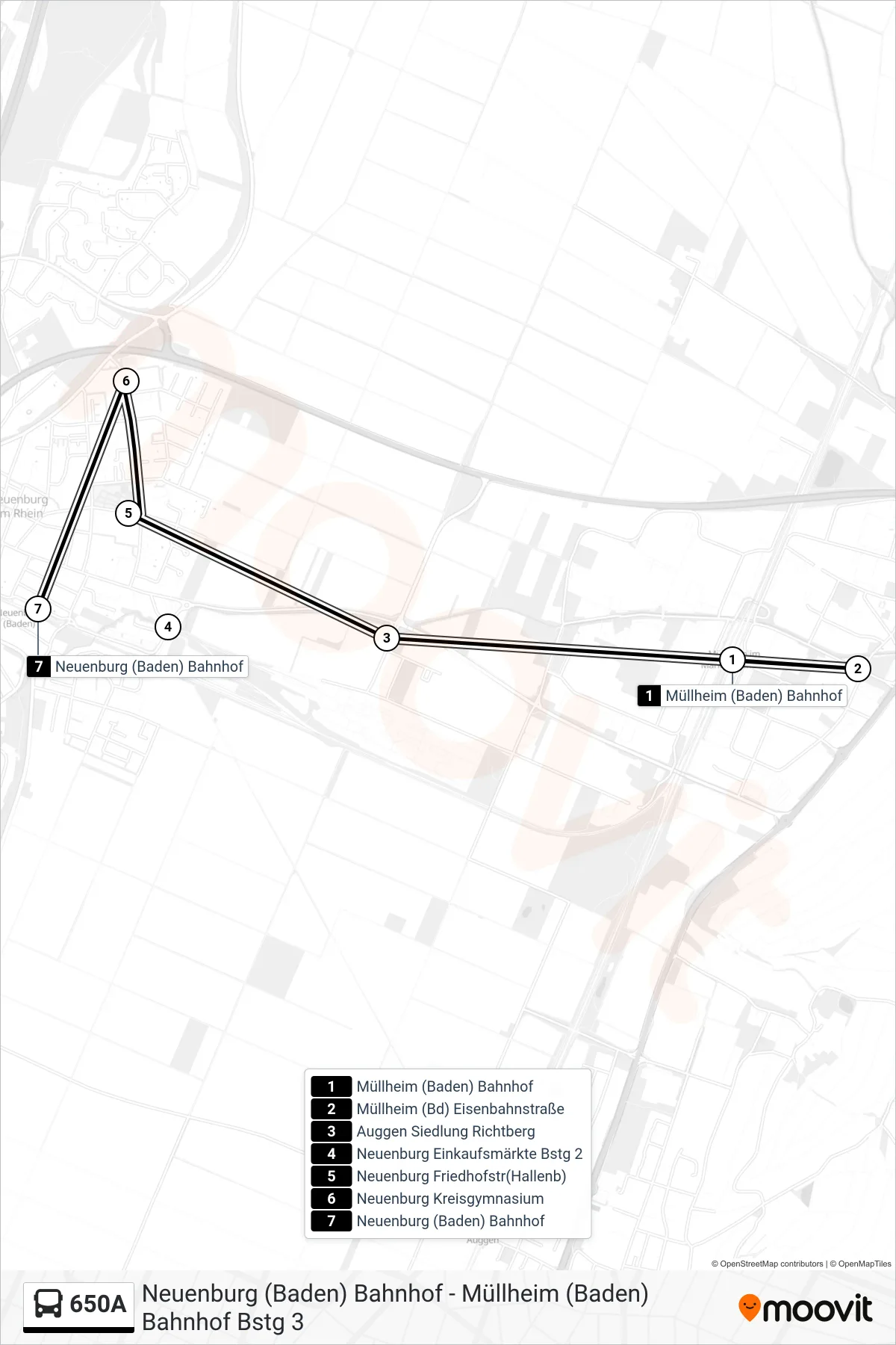 650A tram Line (Neuenburg (Baden) Bahnhof) route and stops on a map