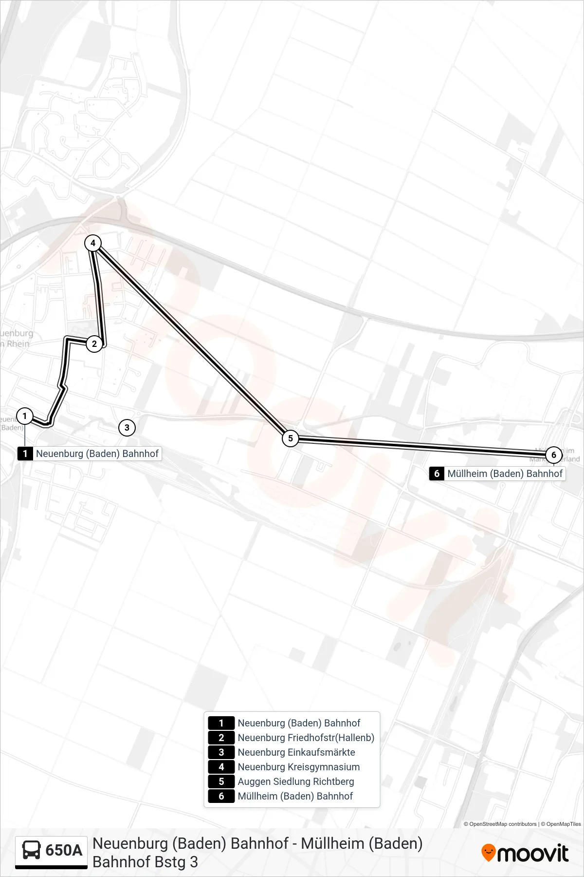 650A tram Line (Müllheim (Baden) Bahnhof) route and stops on a map