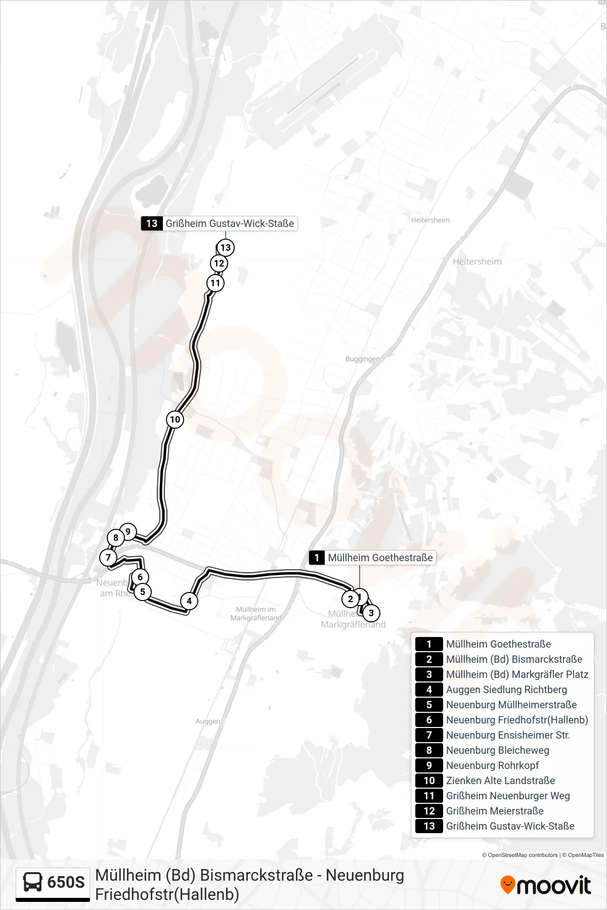 650S tram Line (Grißheim Gustav-Wick-Staße) route and stops on a map