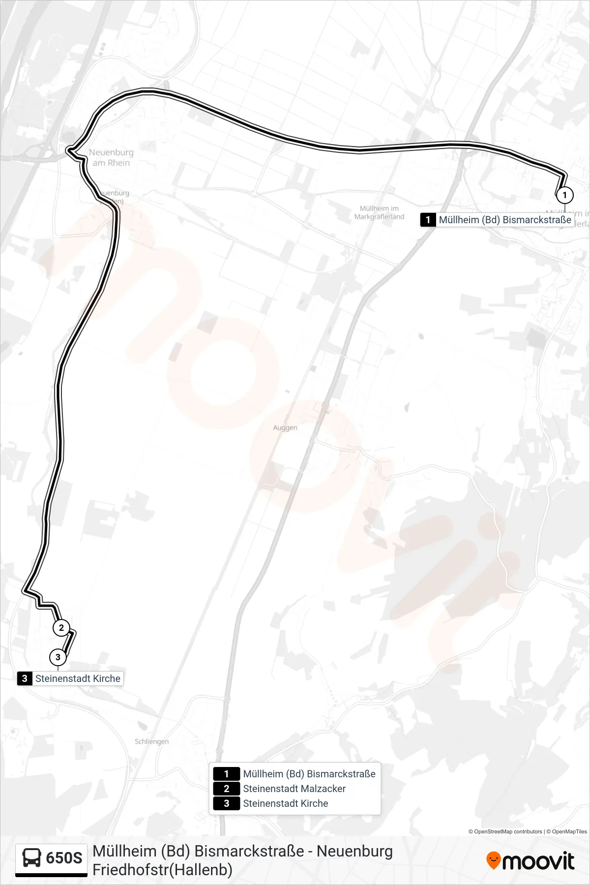 650S tram Line (Steinenstadt Kirche) route and stops on a map