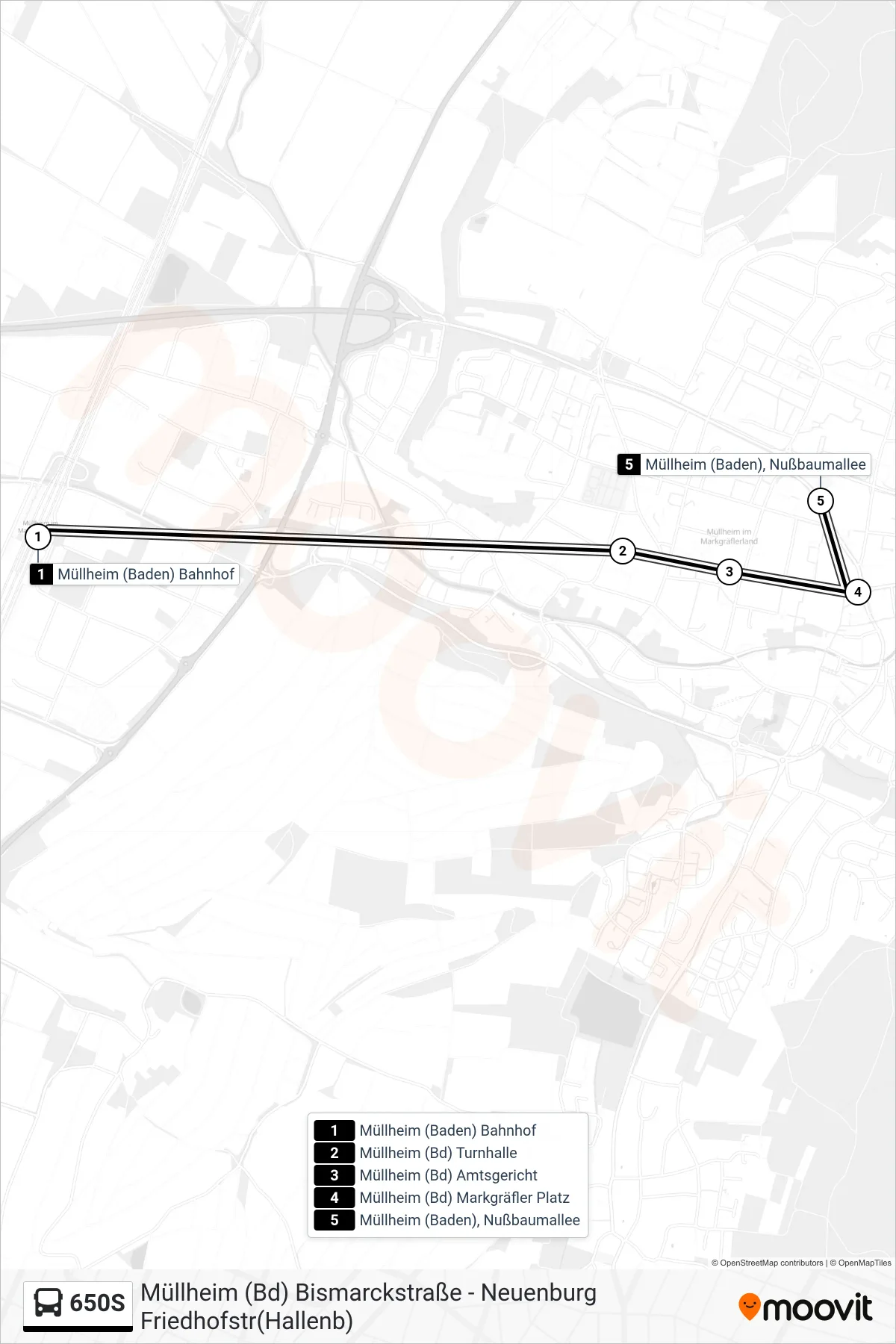 650S tram Line (Müllheim (Baden), Nußbaumallee) route and stops on a map