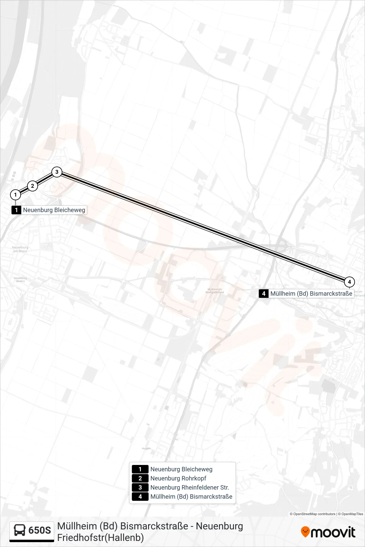 650S tram Line (Müllheim (Bd) Bismarckstraße) route and stops on a map