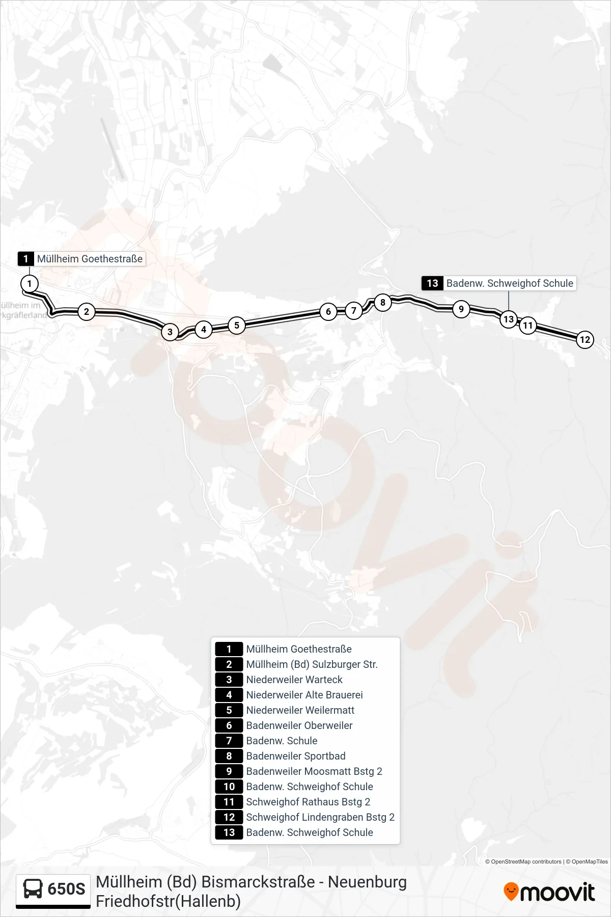 Linie 650S (Tram) Richtung Badenw. Schweighof Forellenzuc: Route und Haltestellen auf der Karte