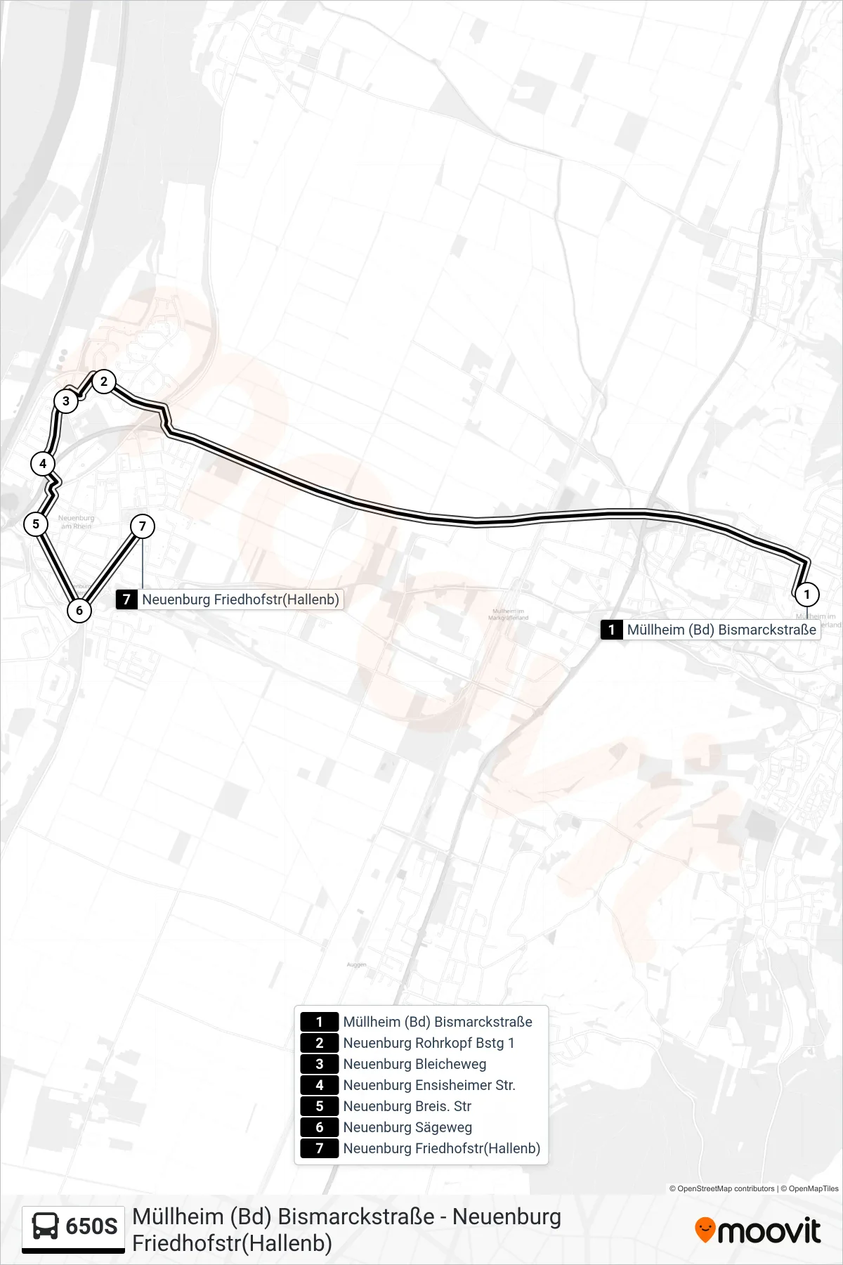 650S tram Line (Neuenburg Friedhofstr(Hallenb)) route and stops on a map