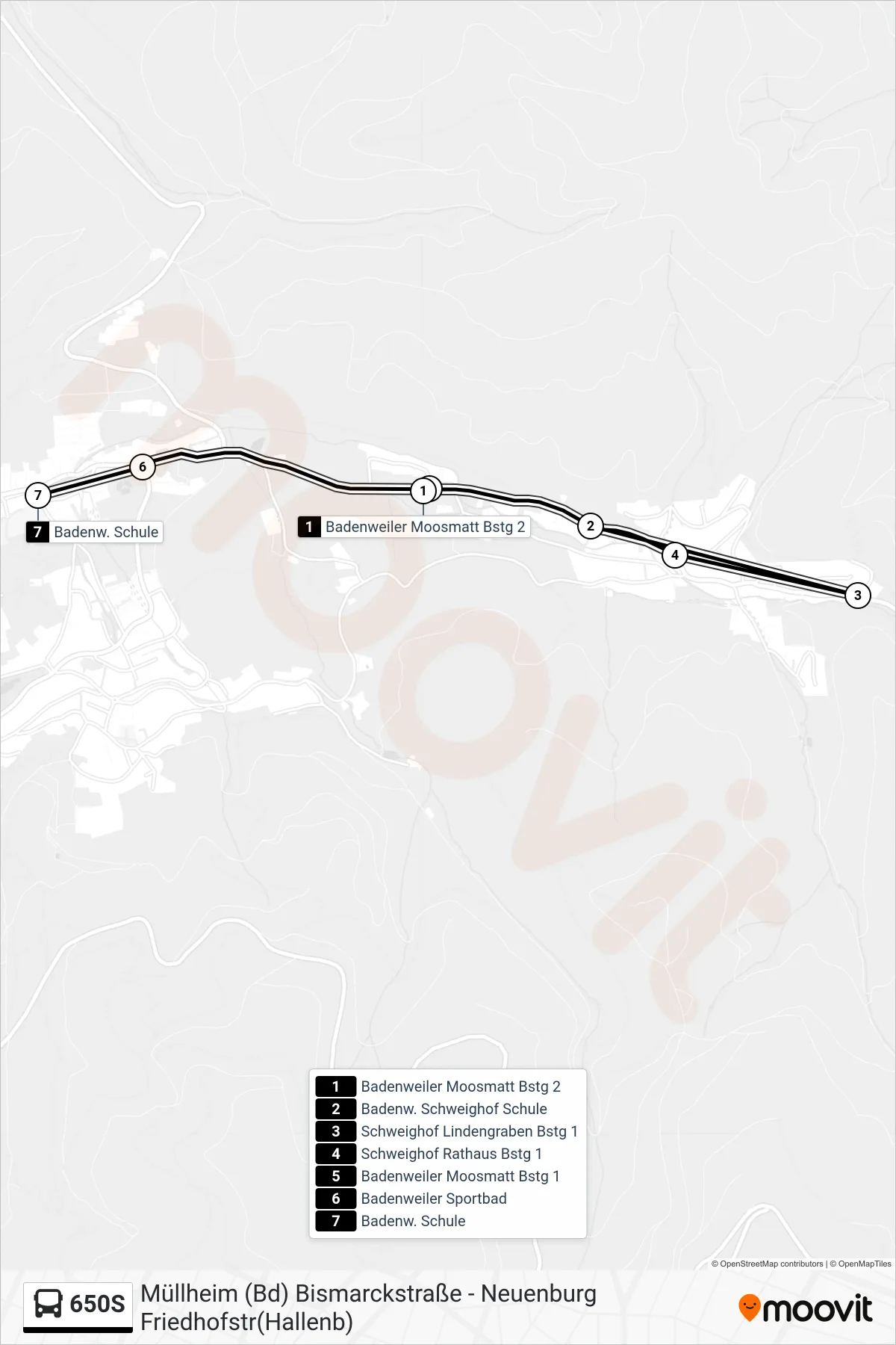650S tram Line (Badenw. Schule) route and stops on a map