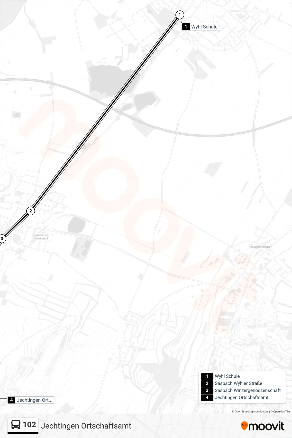 102 tram Line (Jechtingen Ortschaftsamt) route and stops on a map