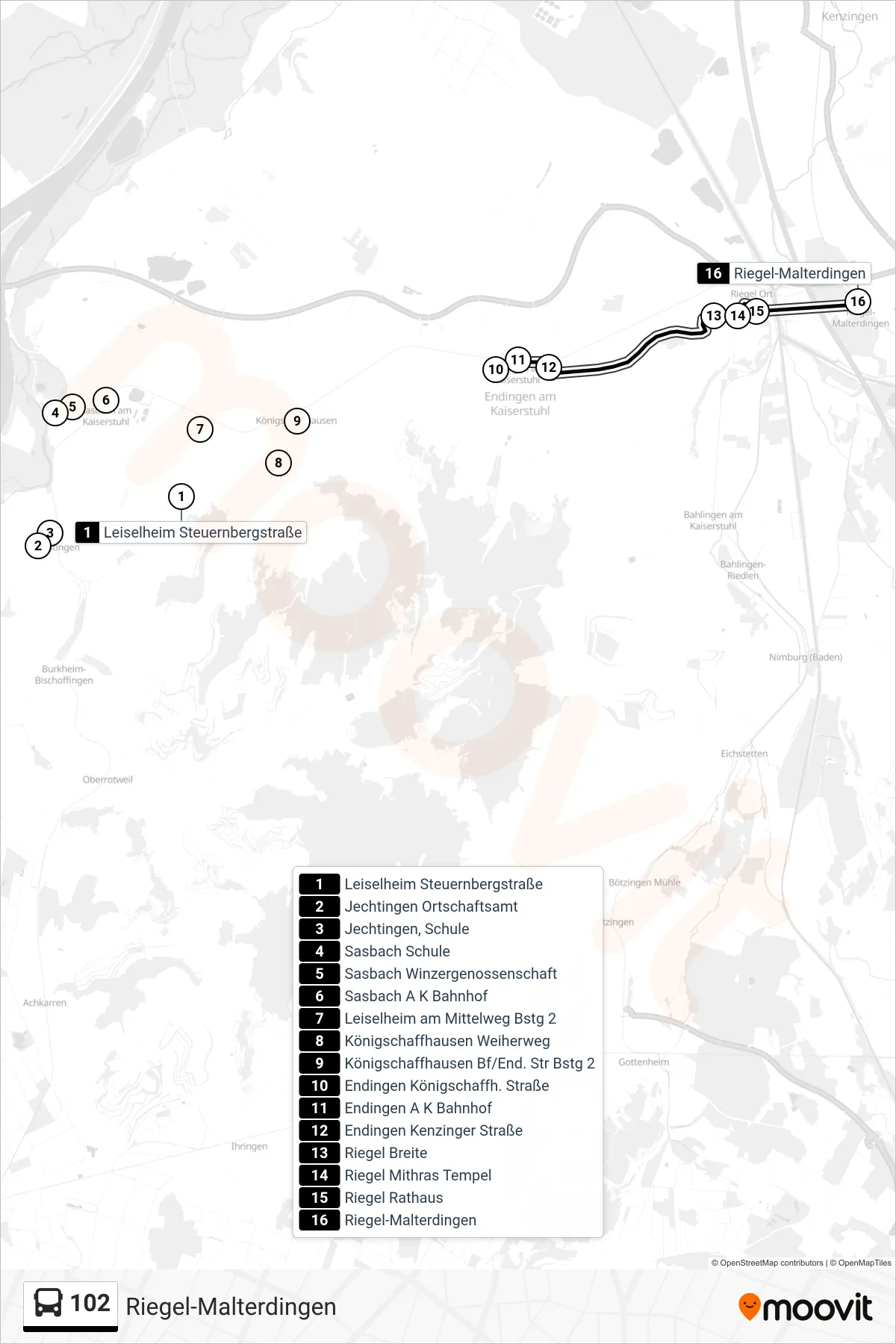 102 tram Line (Riegel-Malterdingen) route and stops on a map