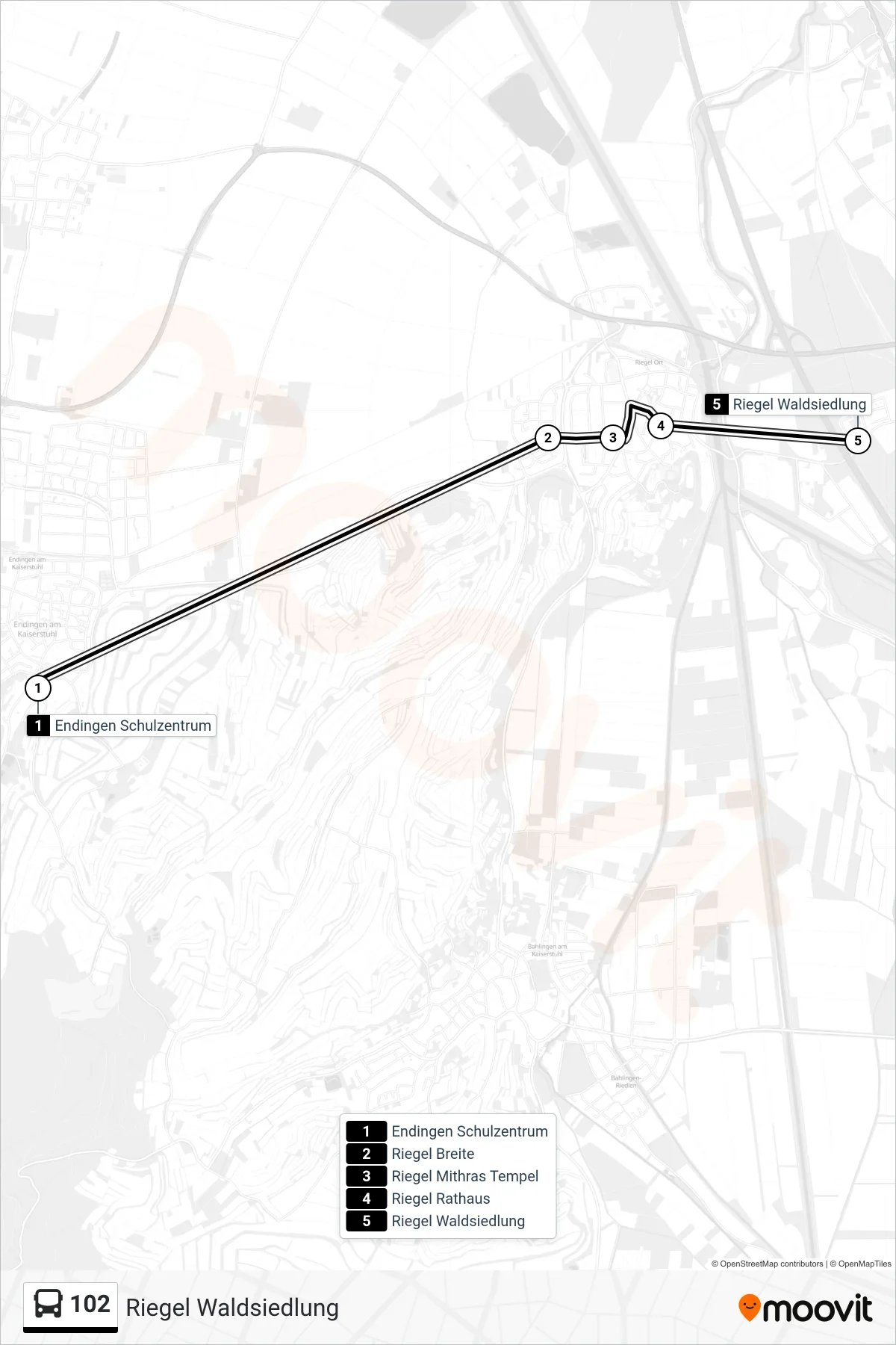 102 tram Line (Riegel Waldsiedlung) route and stops on a map