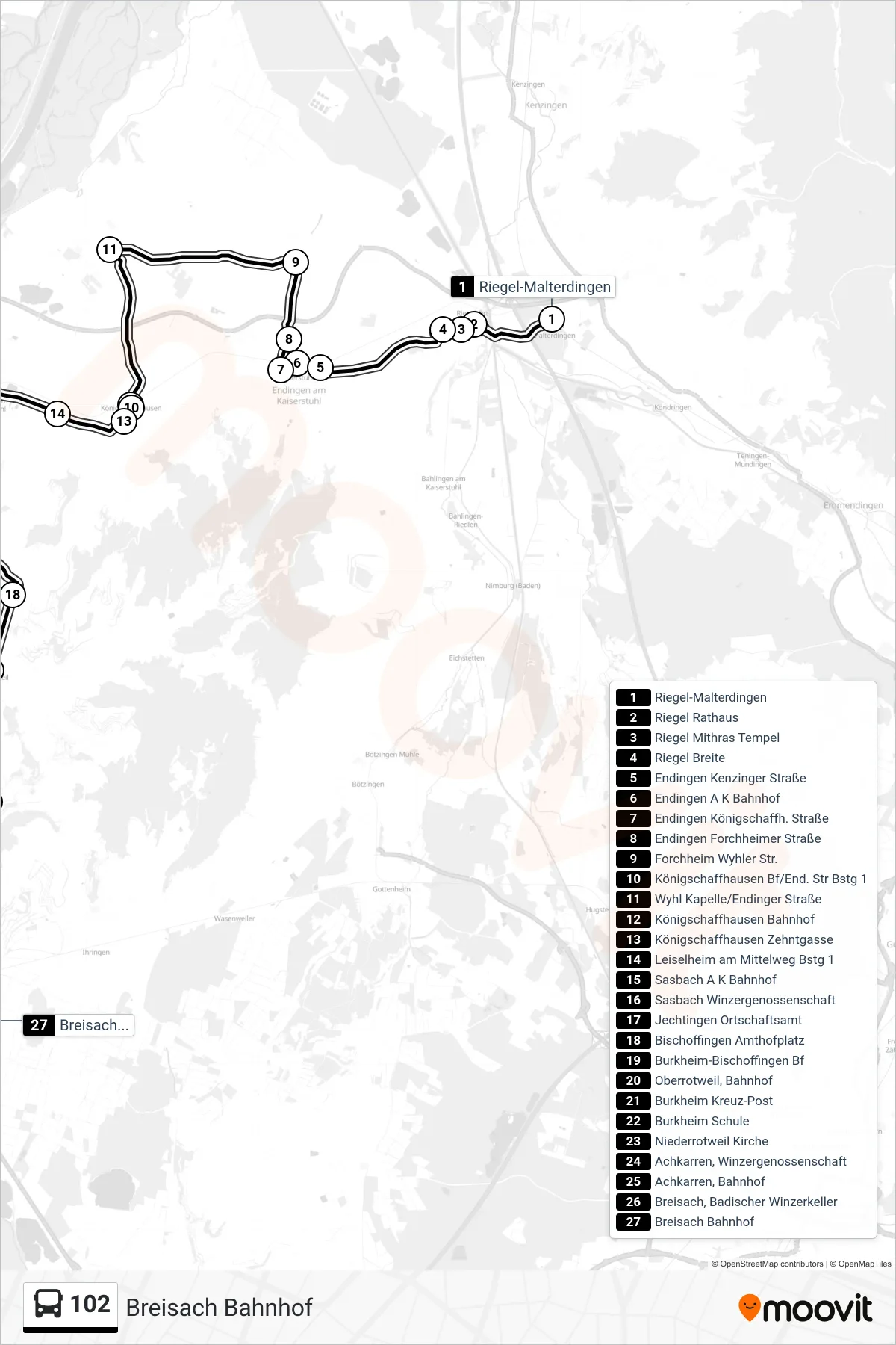 102 tram Line (Breisach Bahnhof) route and stops on a map