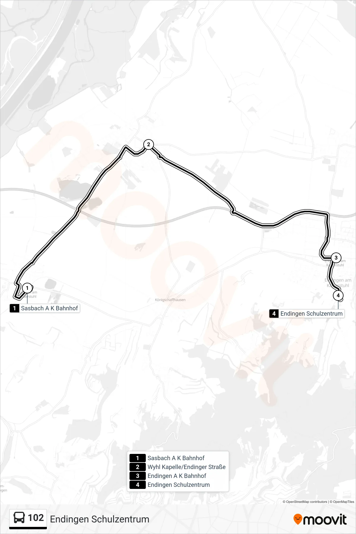 102 tram Line (Endingen Schulzentrum) route and stops on a map