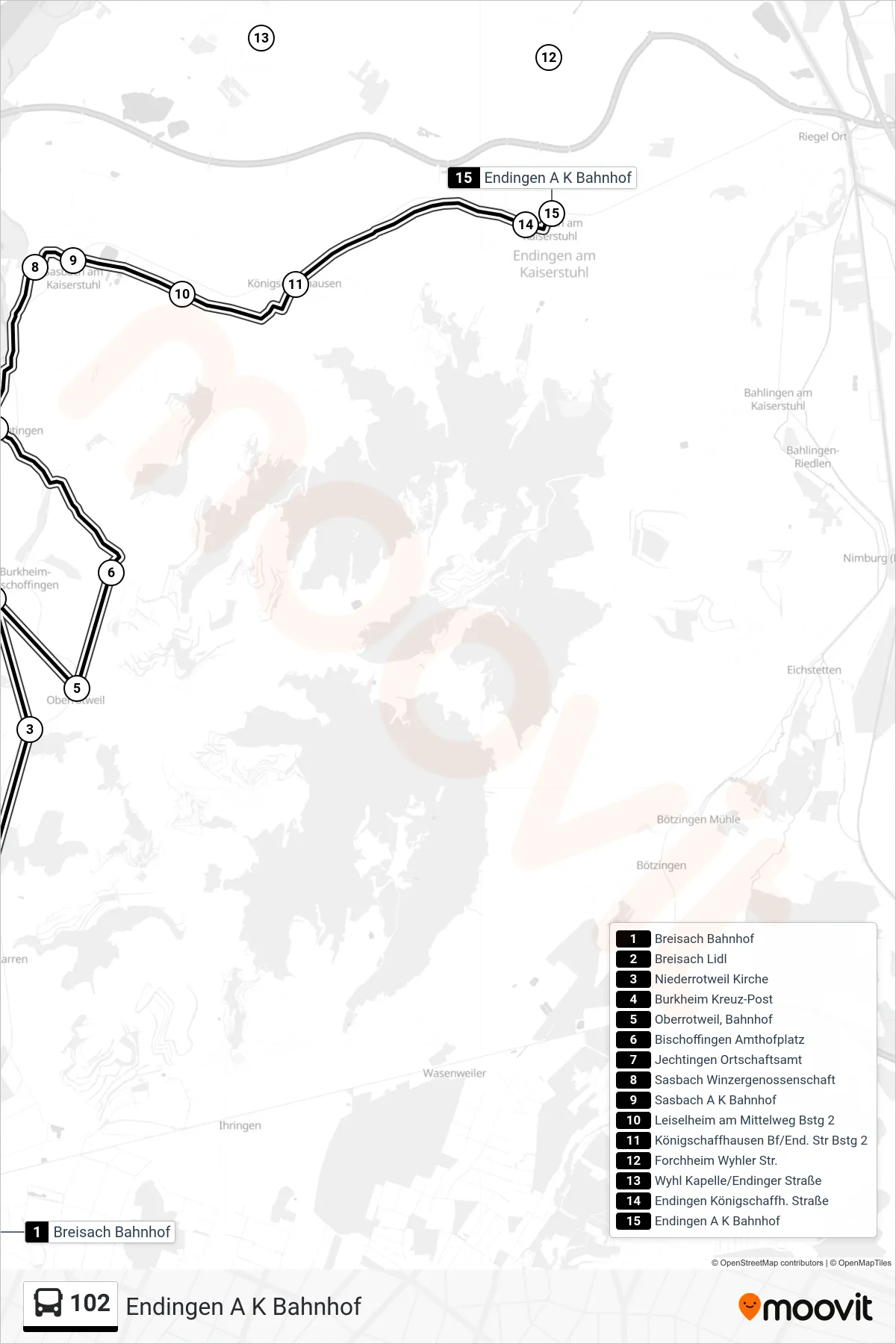 102 tram Line (Endingen A K Bahnhof) route and stops on a map