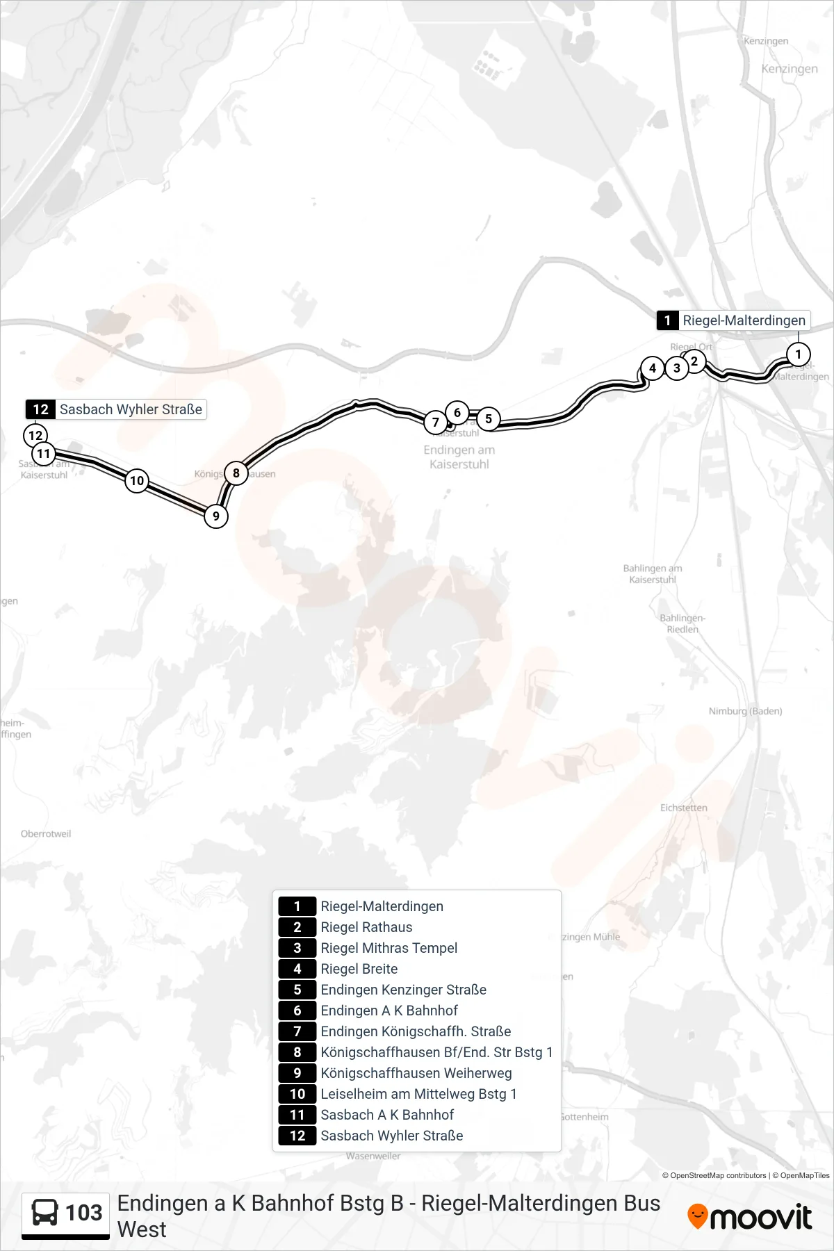 103 tram Line (Sasbach Wyhler Straße) route and stops on a map