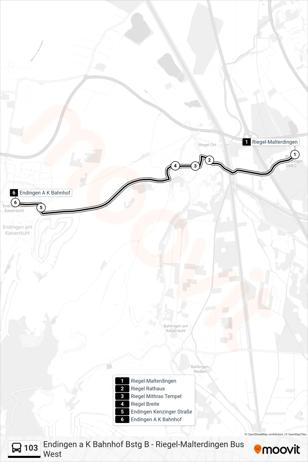 103 tram Line (Endingen A K Bahnhof) route and stops on a map