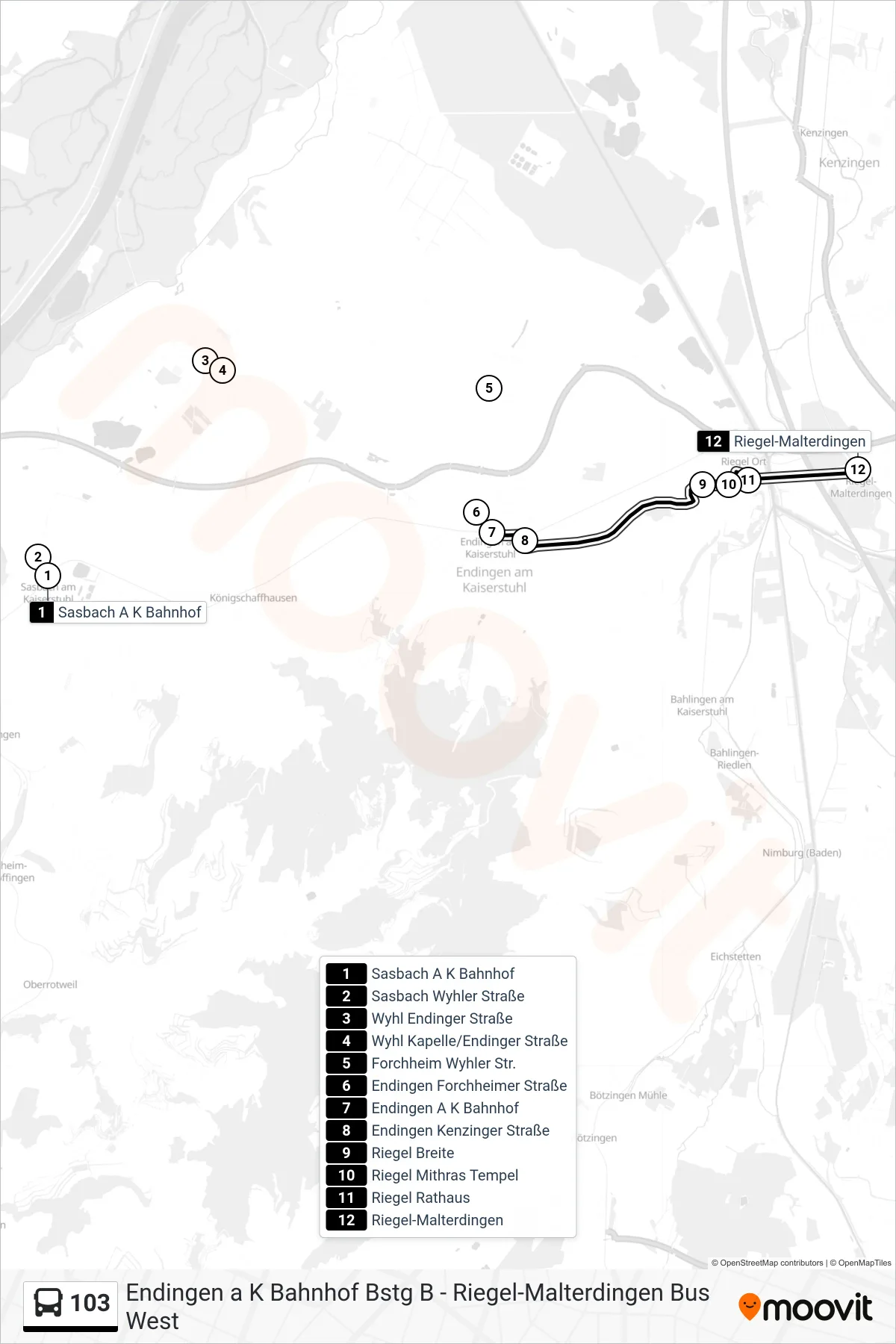 Linie 103 (Tram) Richtung Riegel-Malterdingen: Route und Haltestellen auf der Karte