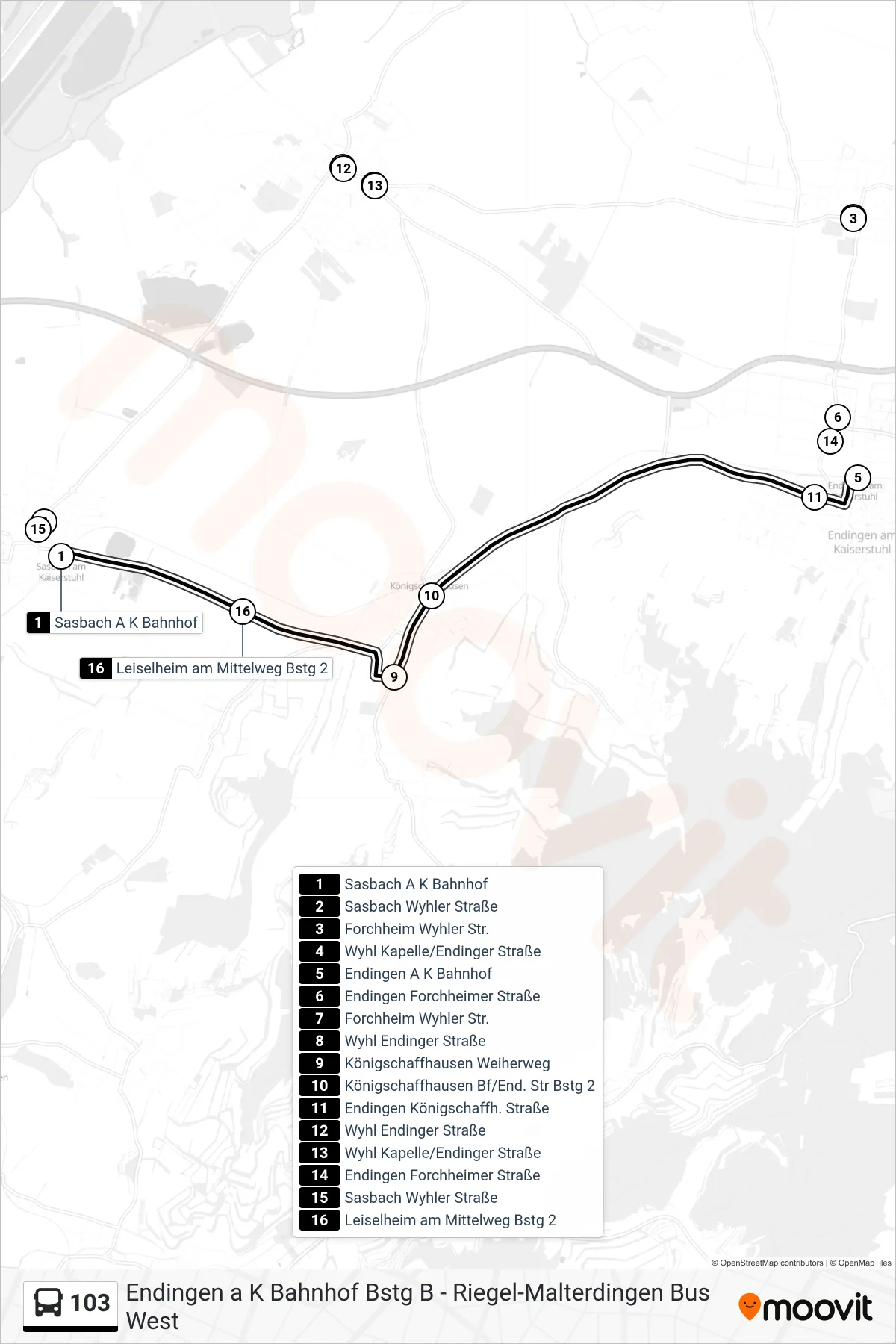 103 tram Line (Endingen A K Bahnhof) route and stops on a map